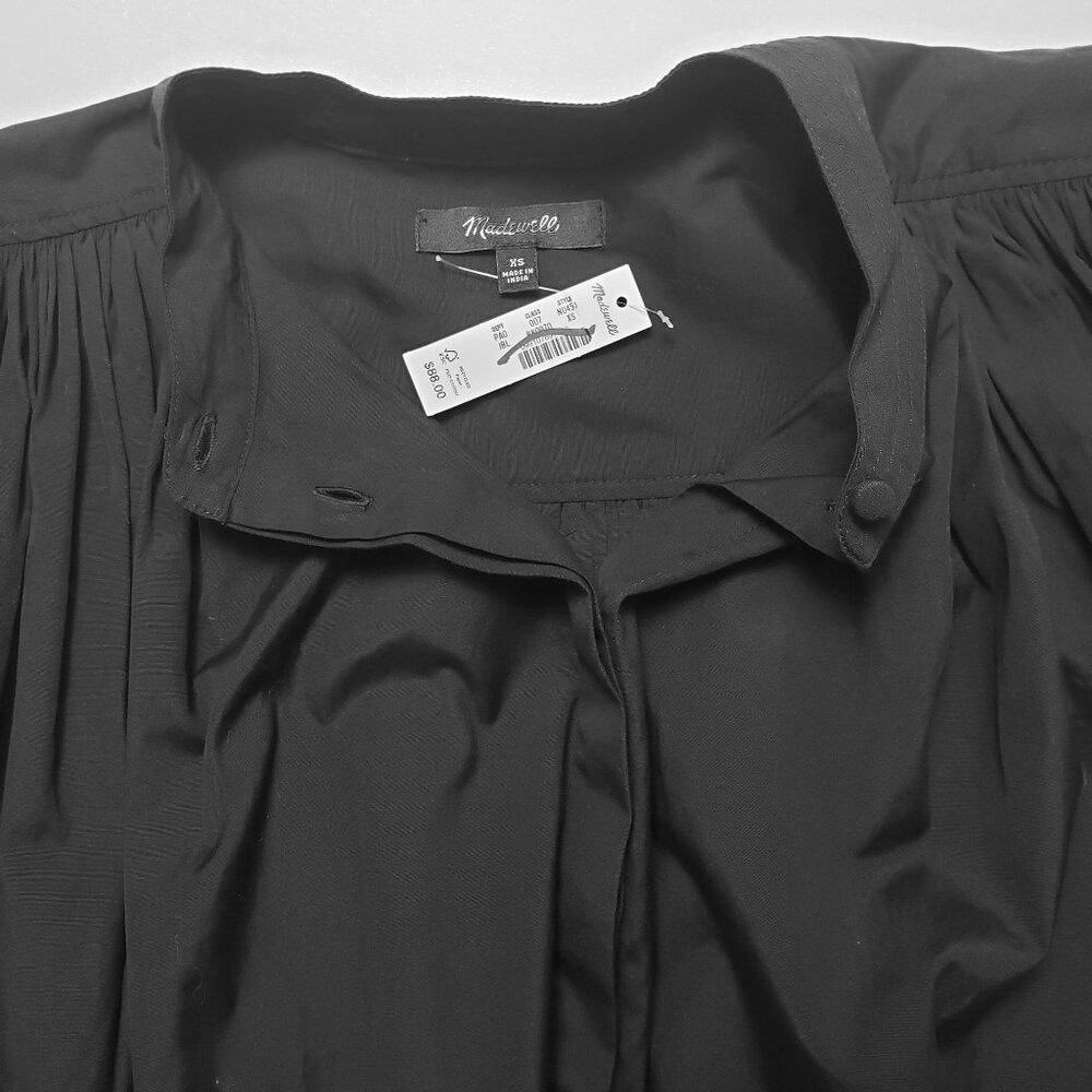 Madewell Poplin Shirred Button Up Shirt Womens XS Jet Black Blouse - Picture 3 of 16